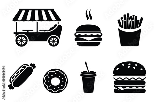 Black and white food cart and fast food set with hot dog donut burger fries and soda monochrome