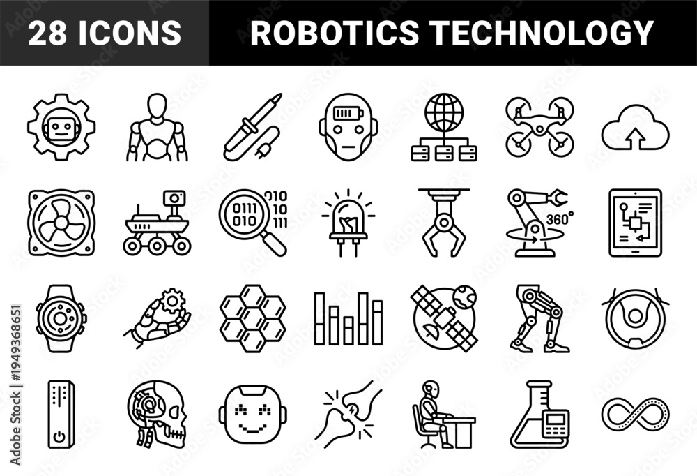 Fototapeta premium Robotics and artificial intelligence automation elements for future technology interfaces. Technical monoline pictograms featuring bionic engineering and machine learning concepts.