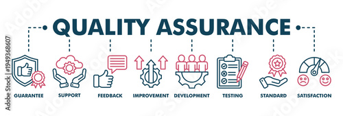 Quality assurance web color vector illustration concept with icon of guarantee, support, feedback, improvement, development, testing, standard, satisfaction