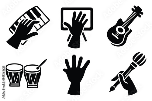 Black and white musical instrument and hand gesture set