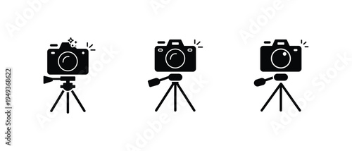 Photography Equipment silhouettes with Camera, , lighting and  Tripod icon Flat Vector Set for content creator and digital photography,