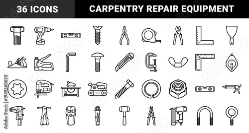 Hardware tools and construction equipment for woodworking and home improvement. Technical monoline pictograms featuring carpentry and repair elements.
