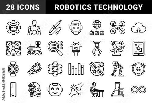Robotics and artificial intelligence automation elements for future technology interfaces. Technical monoline pictograms featuring bionic engineering and machine learning concepts.