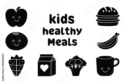 Black and white of kids healthy meals with smiling faces on fruits milk and vegetables