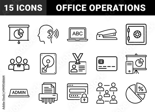 Office administration and corporate workflow management elements. Technical monoline pictograms for business operations, data security, and human resources.
