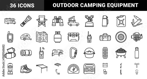 Overlanding and off-road camping equipment for wilderness adventure. Technical monoline pictograms featuring 4x4 accessories and outdoor survival gear.