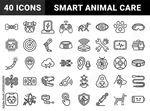 Robotic pet technology and smart animal care systems. Technical monoline icons featuring cybernetic dogs, biotech implants, and automated veterinary gear.