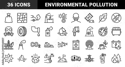 Environmental pollution and global warming crisis elements. Technical monoline pictograms featuring carbon emissions and industrial waste concepts.