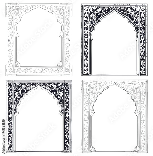  Islamic arch frames vector illustration with ornate floral geometric patterns black white decorative cultural architectural artistic design