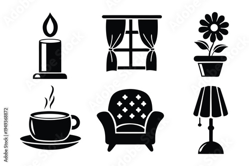 Black and white set featuring candle armchair coffee lamp window and flower pot