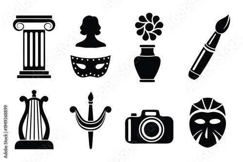 Black and white set featuring classical architecture theater masks camera and artistic tools