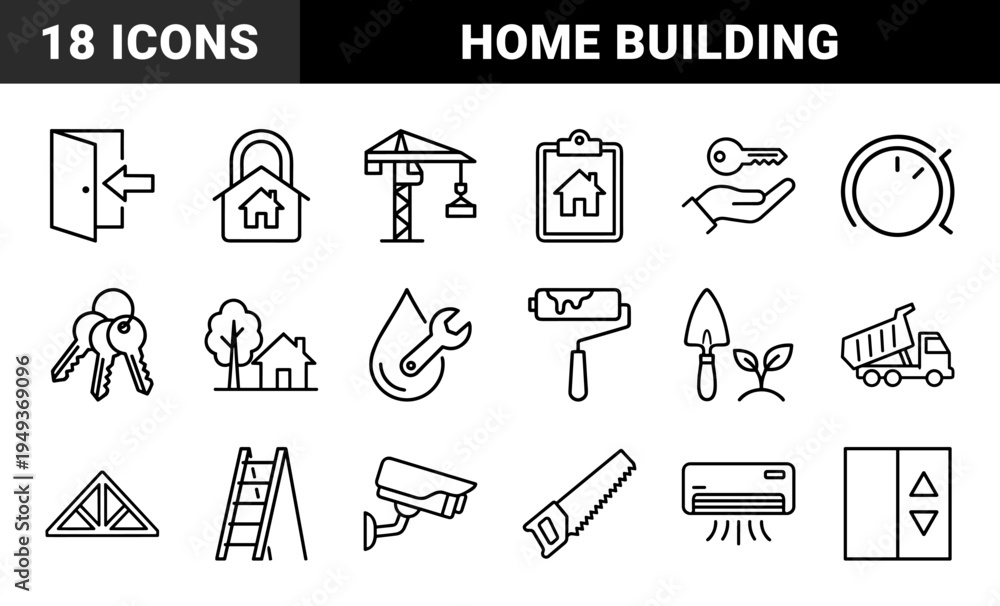 Fototapeta premium Residential construction and real estate development line art pictograms. Monoline technical elements for home building and property management.