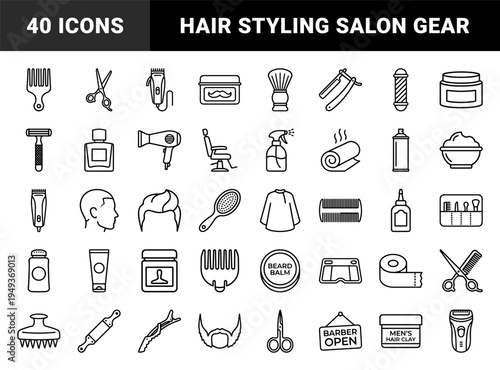 Barber shop and male grooming equipment for salon branding. Technical monoline pictograms featuring shaving tools and hair care accessories.