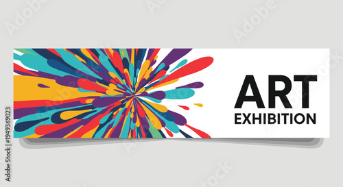 Horizontal banner for an art exhibition featuring a dynamic central explosion of vibrant paint splatters and colors.