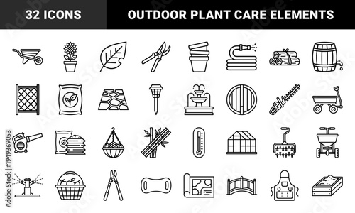 Gardening and landscaping maintenance equipment for backyard cultivation. Technical monoline pictograms featuring horticultural tools and outdoor plant care supplies.