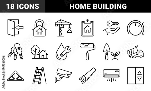 Residential construction and real estate development line art pictograms. Monoline technical elements for home building and property management.