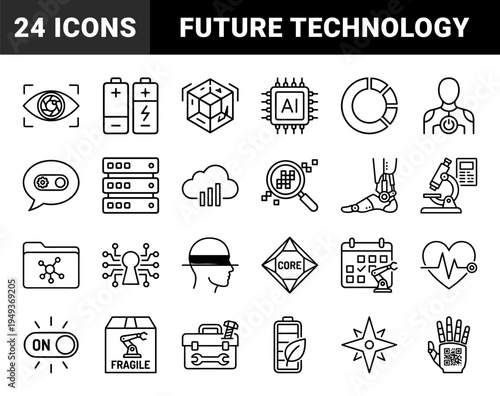 Advanced automation and industrial technology elements for smart manufacturing. Technical monoline pictograms featuring robotics, AI, and energy storage concepts.