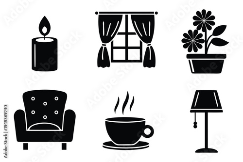 Black and white set of home interior including candle armchair window coffee lamp plant