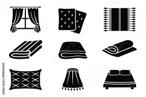 Black and white set of home textiles including curtains towels blankets pillow and bed