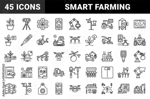 Smart agriculture and precision farming technology elements. Technical monoline pictograms for automated crop management and agritech systems.