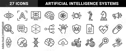 Artificial intelligence and future technology systems for digital transformation. Technical monoline pictograms featuring neural networks and automated data processing.
