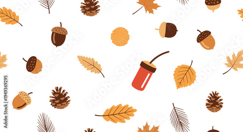 Seamless autumn pattern featuring various fallen leaves, acorns, and pinecones on a white background for seasonal wallpaper or textile art.