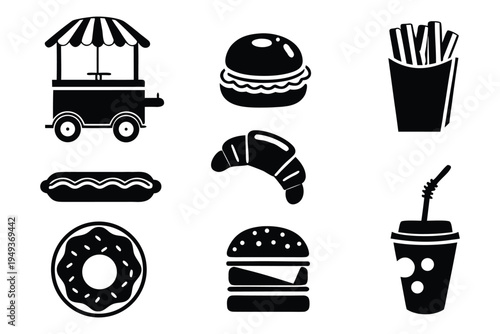 Black and white set of street food and food cart croissant burger fries hotdog donut soda drink