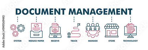 Document management banner web color vector illustration concept with icon of system, reduce paper, receive, track, manage, store, cloud and technolog