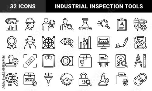 Quality control and industrial inspection symbols for manufacturing workflows. Technical monoline pictograms featuring measurement, compliance, and product testing concepts.