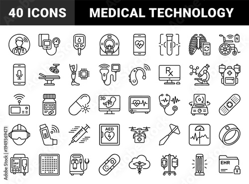 Advanced medical technology and smart healthcare monitoring elements. Technical monoline pictograms featuring digital health and diagnostic equipment concepts.