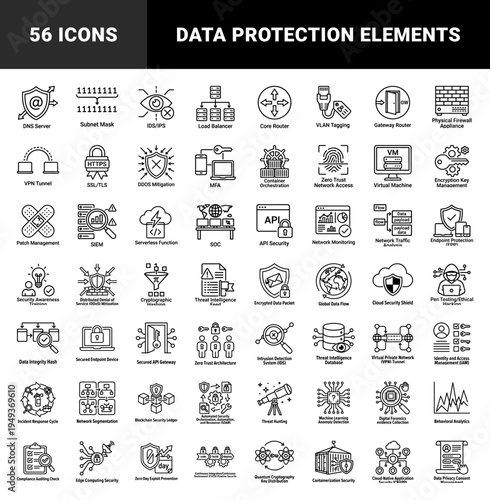 Cybersecurity and network infrastructure technical monoline icons featuring cloud security, data encryption, and threat intelligence concepts.