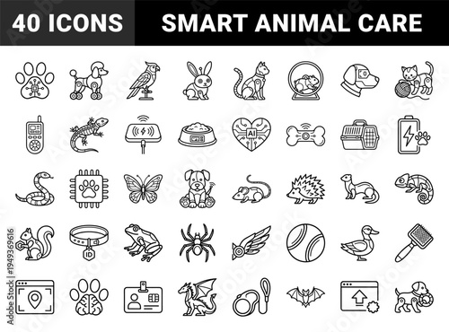 Robotic pet care and futuristic animal technology concepts. Technical monolinear pictograms featuring automated veterinary and smart pet tracking.