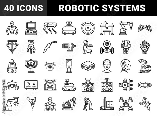 Robotics and industrial automation systems featuring humanoid androids, mechanical arms, and autonomous delivery drones in technical monoline style.
