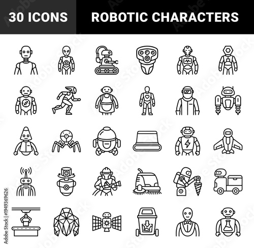 Robotics and artificial intelligence automation characters in technical monoline style for industrial engineering and future tech interfaces.