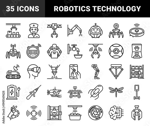 Robotics and automation technology elements for industrial workflow. Technical monoline pictograms featuring artificial intelligence and bionic engineering.