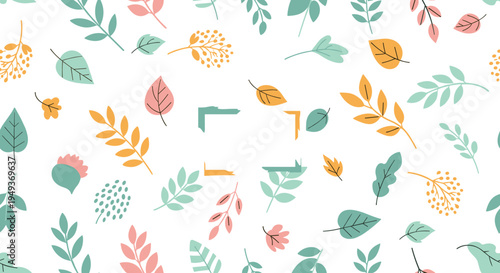 Colorful autumn leaves and abstract shapes create a seamless seasonal pattern on a clean white background for nature themes.