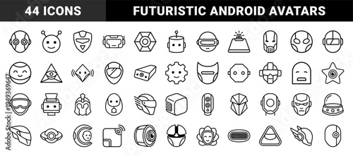 Cybernetic intelligence and robotics evolution avatars in technical monoline style. Futuristic android heads and machine learning interface elements for tech branding.