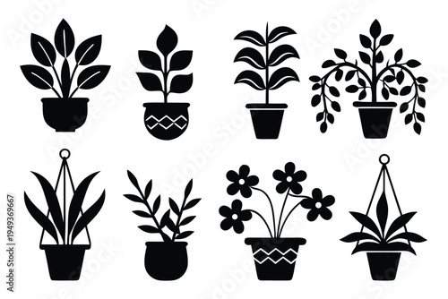 Black and white silhouette collection of ten potted plants and hanging planters
