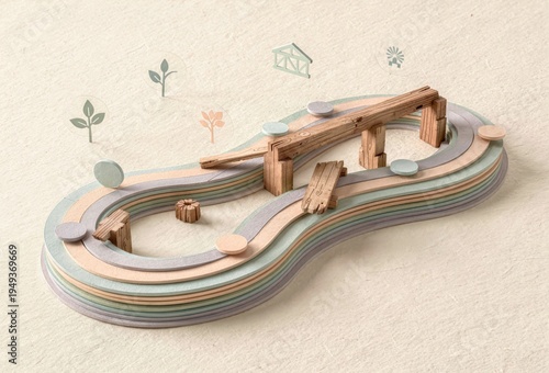 Creative model of an abstract landscape showcasing layered pastel strips and wooden elements representing sustainable architecture and harmony in design aesthetics