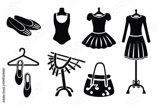 Black and white silhouette of ballet shoes dresses and fashion accessories on mannequins and hangers