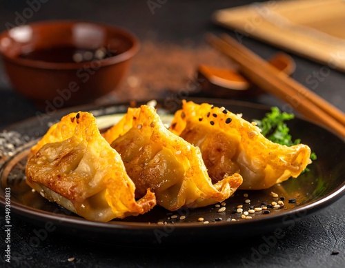 Golden dumplings, expertly folded, sit on a plate with soy sauce and chopsticks in the background