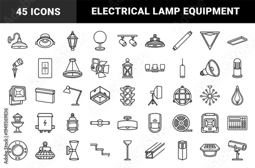 Lighting fixtures and electrical equipment for interior design and urban planning. Technical monoline pictograms of residential and commercial lamps.