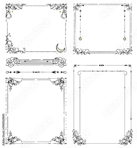  Decorative frames vector illustration with ornate floral geometric scrollwork square circular rectangular black white vintage elegant artistic design