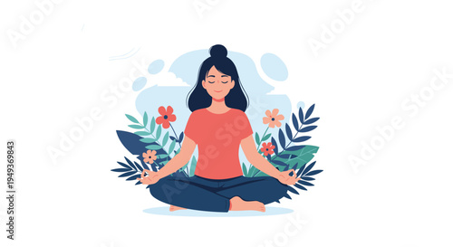 Calm woman sits in a lotus yoga pose for meditation surrounded by lush green leaves and blooming red and orange flowers on white.