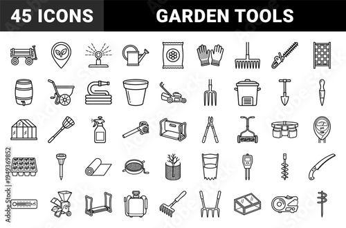 Garden maintenance and landscaping equipment for backyard renovation. Technical monoline pictograms featuring agricultural tools and planting gear.