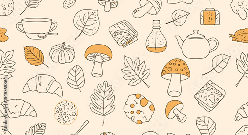 Seamless line art pattern features cozy autumn elements like tea, croissants, mushrooms, leaves, and cookies on a warm beige background.