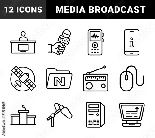 Journalism and mass communication broadcasting elements for media production. Technical monoline pictograms featuring news reporting and digital press equipment.