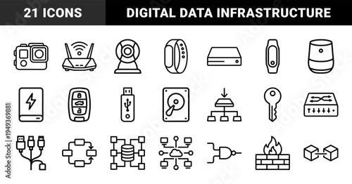 Network infrastructure and consumer electronics symbols for technical documentation. Bold monoline pictograms featuring data storage and smart hardware.