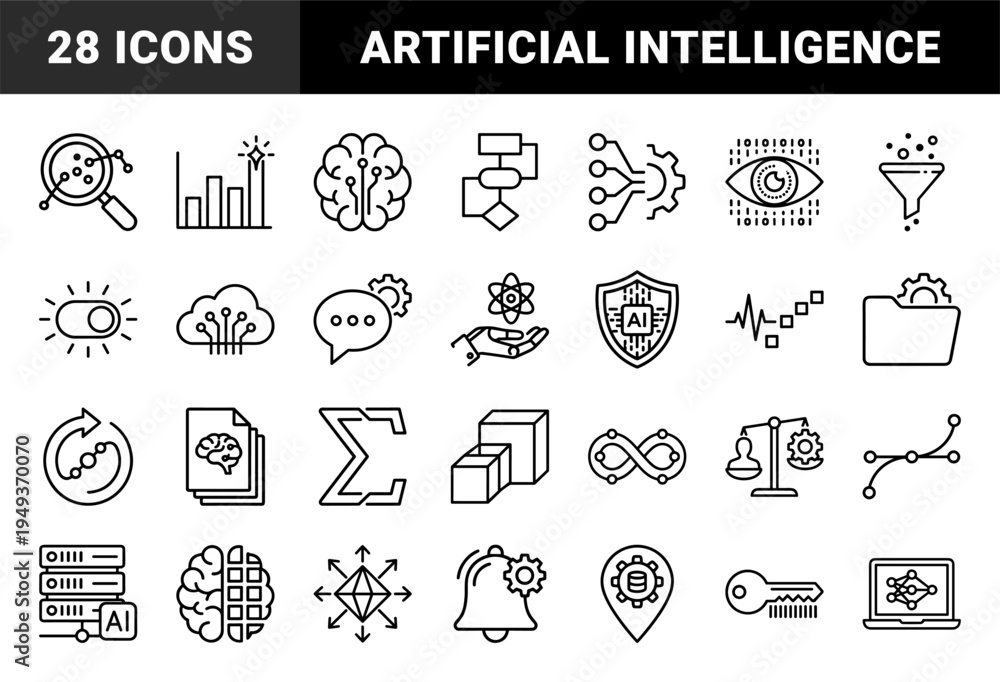 Fototapeta premium Artificial intelligence and machine learning workflow elements. Technical monoline pictograms for neural networks, data processing, and automation.