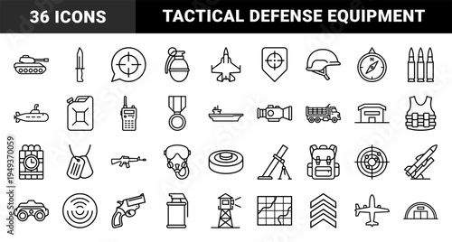 Military operations and tactical defense equipment in a clean monoline style. Technical warfare pictograms for strategic planning and security infographics.